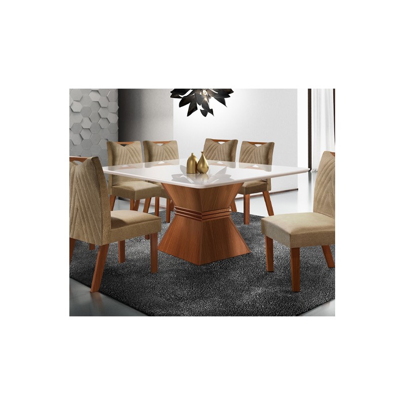 Conjunto Sala de jantar mesa Cronos off white em mdf 8 Cadeira